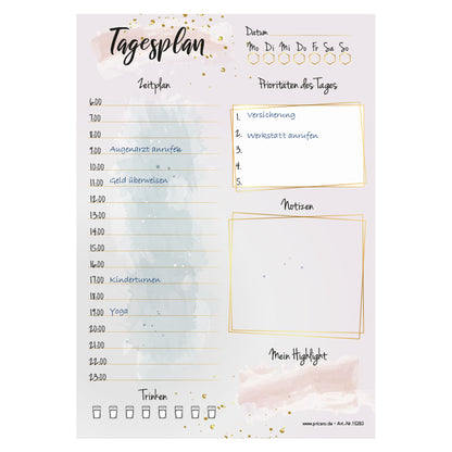 tagesplaner golden dots, rosa optik, ausfüllbeispiel