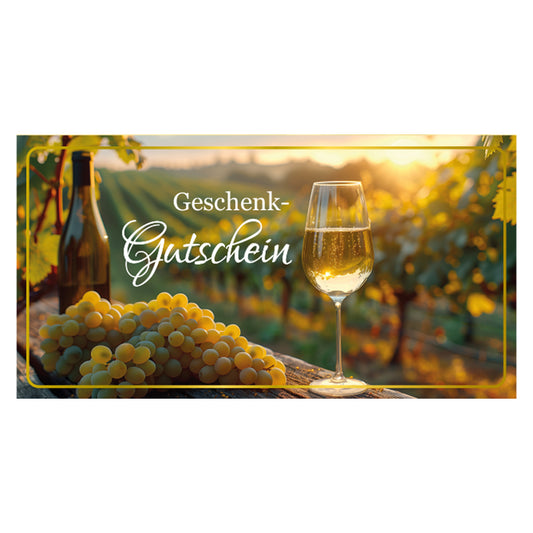 gastro-gutschein landlust, vorderseite. abgebildet sind weinreben, weintrauben, eine weinflache und ein glas wein