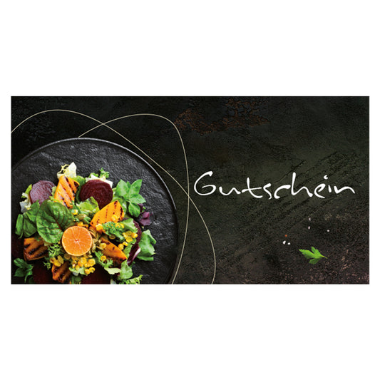 gastro-gutschein gourmet, vorderseite. abgebildet ist ein hübsch angerichteter salat und die aufschrift gutschein, modern gehalten in schwarzer optik