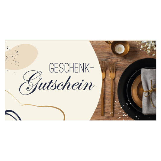 gastro-gutschein elegant, vorderseite mit gedecktem restaurantisch und der aufschrift geschenkgutschein