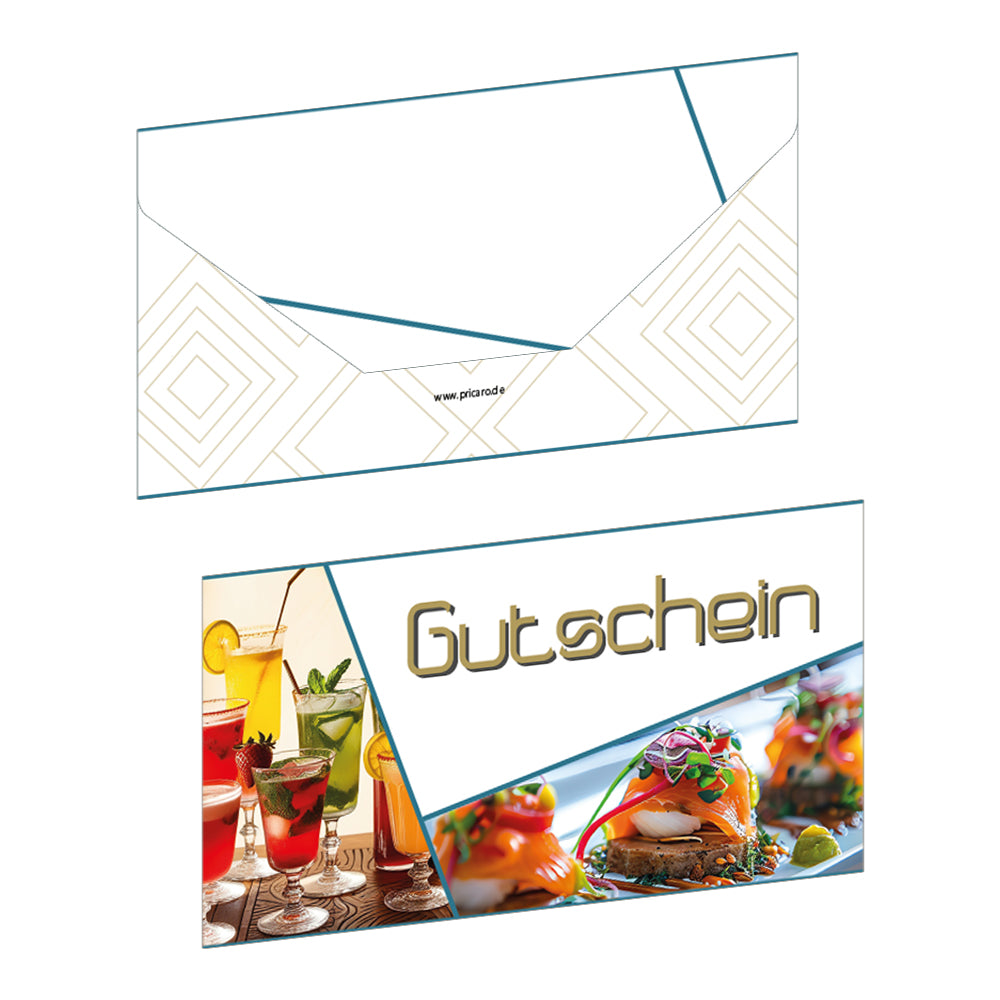 geschenkgutschein, fancy, faltbar zum umschlag, weiß bunte optik, vorderseite mit essen und getränken und der aufschrift "gutschein", rückseite weiß mit graphischen motiven