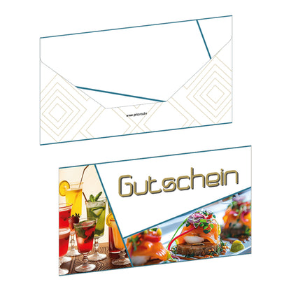 geschenkgutschein, fancy, faltbar zum umschlag, weiß bunte optik, vorderseite mit essen und getränken und der aufschrift "gutschein", rückseite weiß mit graphischen motiven