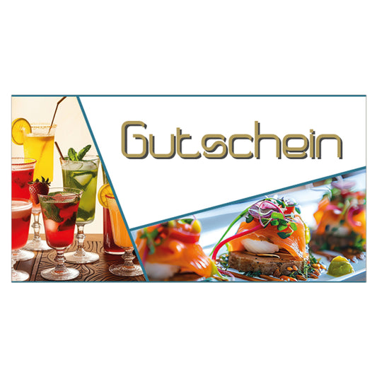 geschenkgutschein, fancy, faltbar zum umschlag, weiß bunte optik, vorderseite mit essen und getränken und der aufschrift "gutschein"