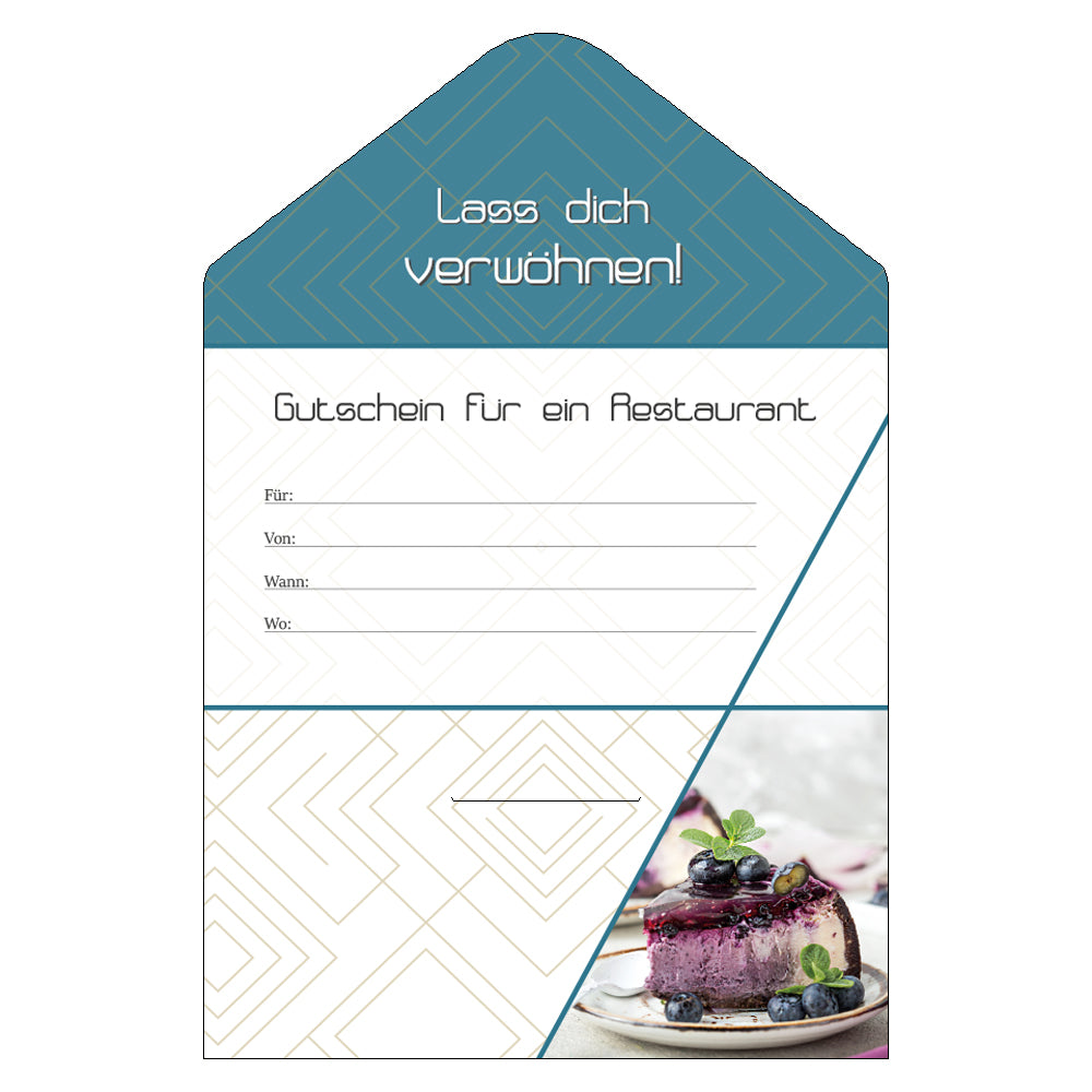 geschenkgutschein, fancy, innenseite, weiß-blau mit nachspeise und mit der aufschrift lass dich verwöhnen und den zeilen für, von, wann und wo