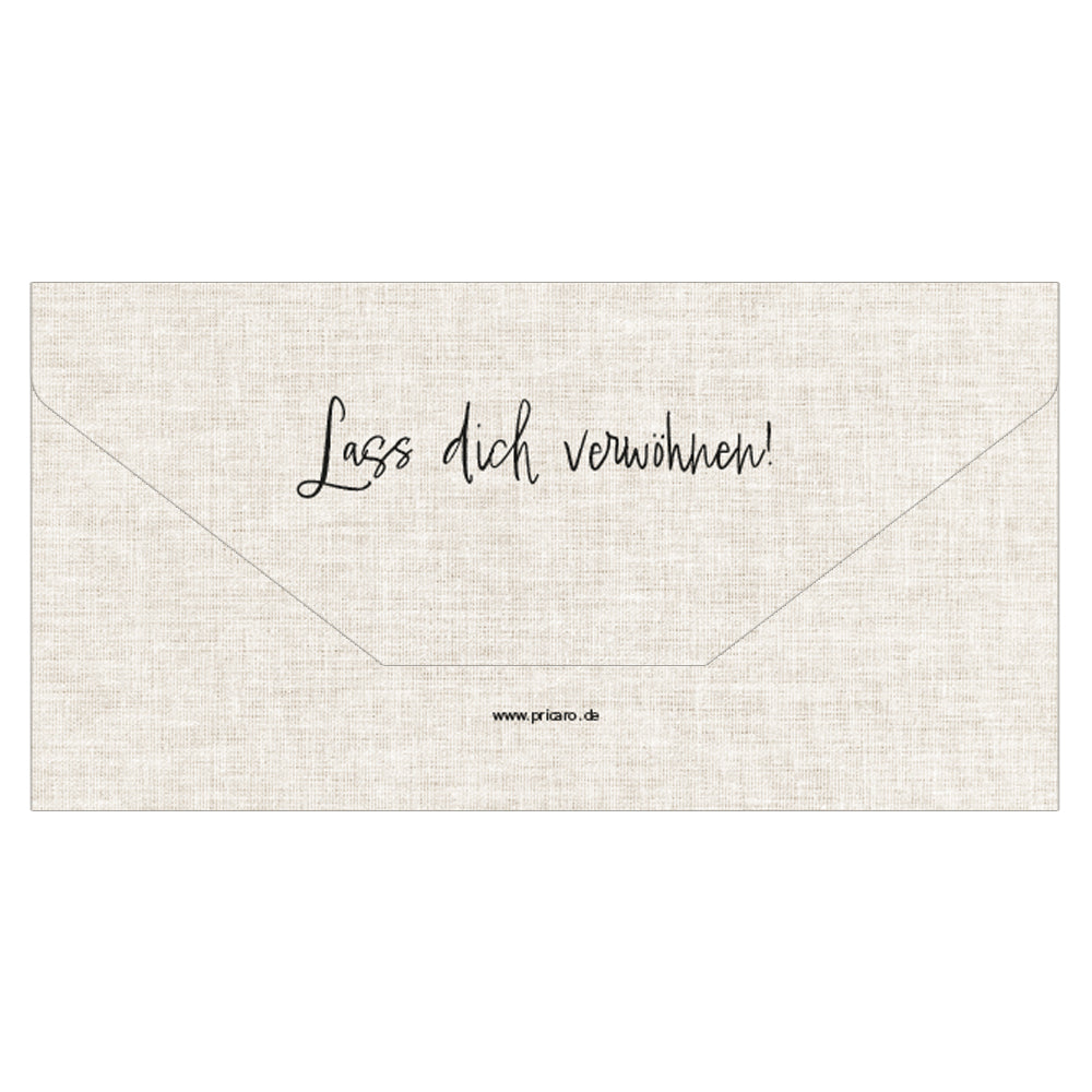 geschenkgutschein, teller, faltbar zum umschlag, beige bunte optik, rückseite beige mit aufdruck "lass dich verwöhnen"