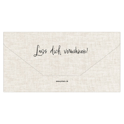 geschenkgutschein, teller, faltbar zum umschlag, beige bunte optik, rückseite beige mit aufdruck "lass dich verwöhnen"