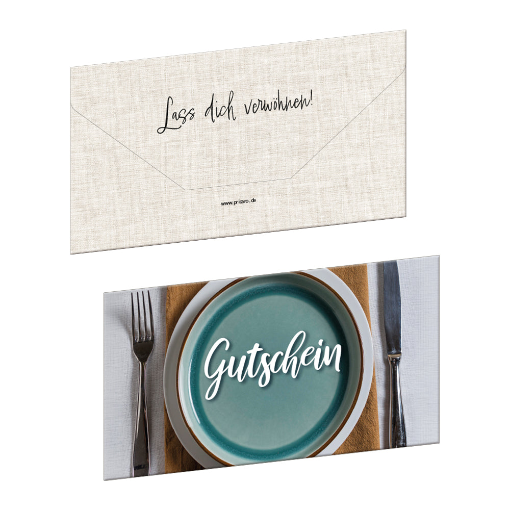geschenkgutschein, teller, faltbar zum umschlag, beige bunte optik, vorderseite mit teller und besteck und der aufschrift "gutschein", rückseite beige mit aufdruck "lass dich verwöhnen"