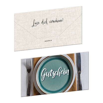 geschenkgutschein, teller, faltbar zum umschlag, beige bunte optik, vorderseite mit teller und besteck und der aufschrift "gutschein", rückseite beige mit aufdruck "lass dich verwöhnen"