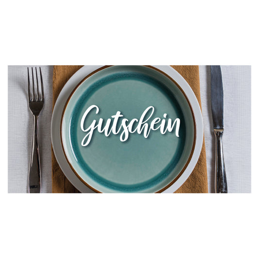 geschenkgutschein, teller, faltbar zum umschlag, beige bunte optik, vorderseite mit teller und besteck und der aufschrift "gutschein"