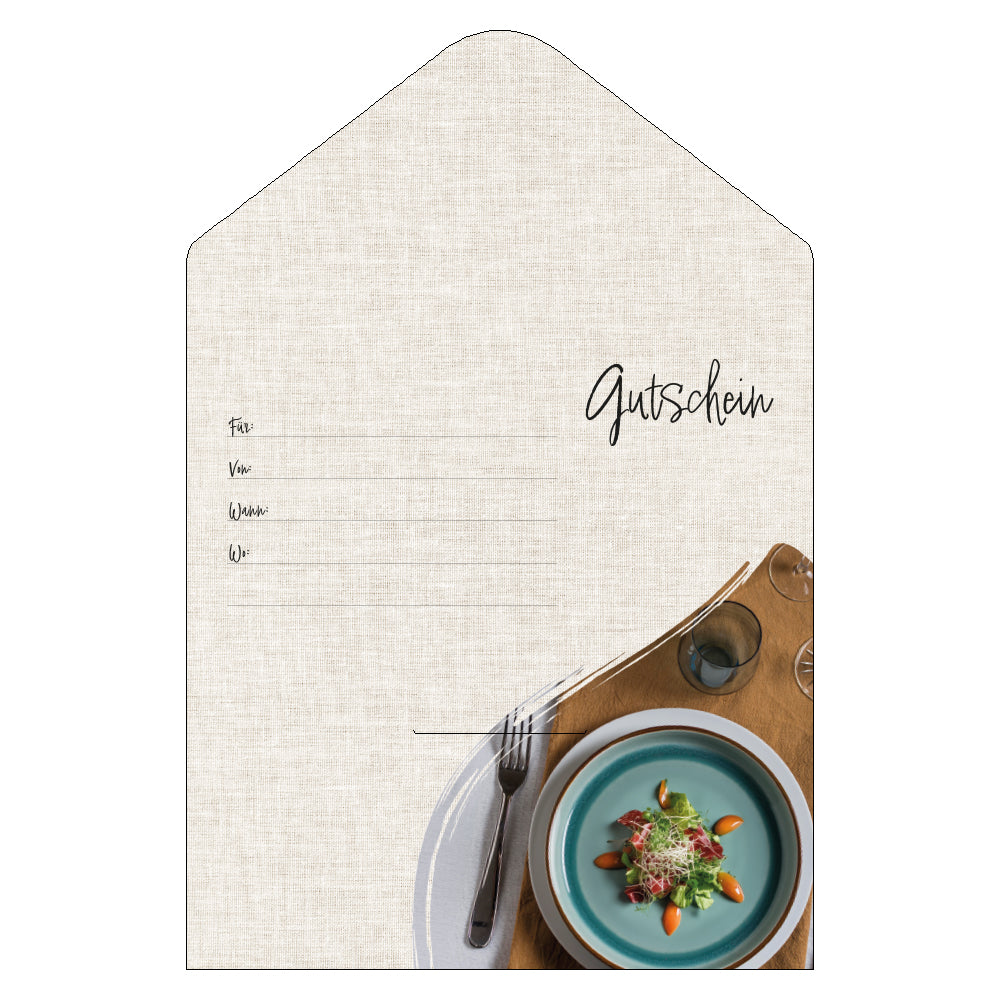 geschenkgutschein, teller, innenseite, beige-bunt, mit der aufschrift gutschein, einer vorspeise und den zeilen für, von, wann und wo
