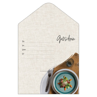 geschenkgutschein, teller, innenseite, beige-bunt, mit der aufschrift gutschein, einer vorspeise und den zeilen für, von, wann und wo