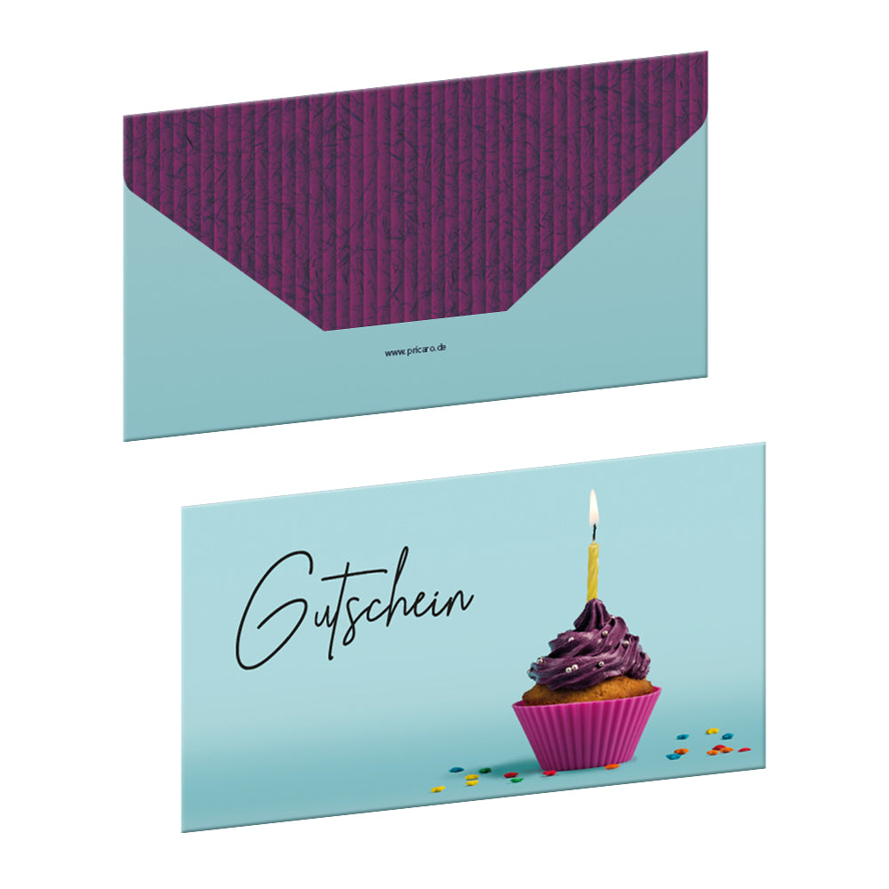 geschenkgutschein, cupcake, faltbar zum umschlag, blau-lilafarbene optik, vorderseite mit blau mit lila cupcake und aufschrift "gutschein", rückseite blau lila ohne weiteren aufdruck
