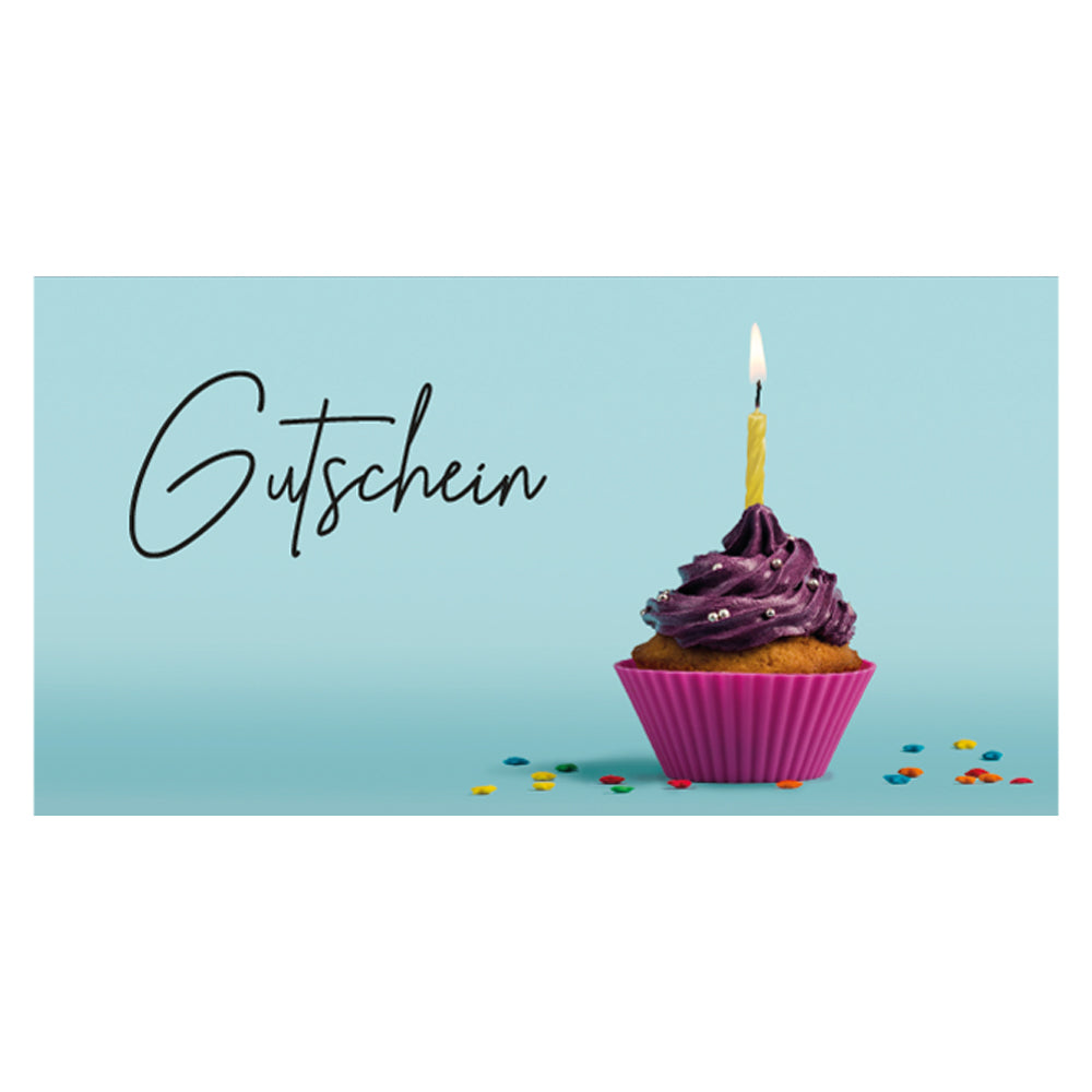 geschenkgutschein, cupcake, faltbar zum umschlag, blau-lilafarbene optik, vorderseite mit blau mit lila cupcake und aufschrift "gutschein"