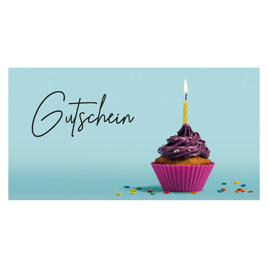 geschenkgutschein, cupcake, faltbar zum umschlag, blau-lilafarbene optik, vorderseite mit blau mit lila cupcake und aufschrift "gutschein"