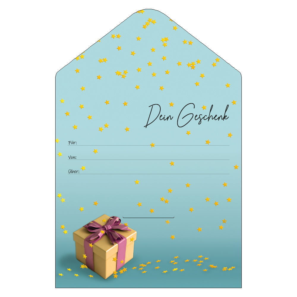 geschenkgutschein, cupcake, innenseite, blau bunt mit gelben sternen und geschenkkarton, mit der aufschrift dein geschenk und den zeilen für, von und über
