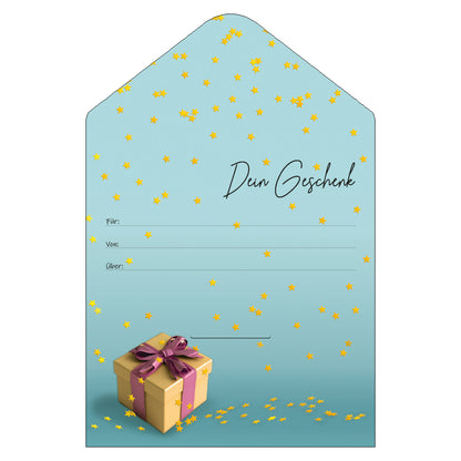 geschenkgutschein, cupcake, innenseite, blau bunt mit gelben sternen und geschenkkarton, mit der aufschrift dein geschenk und den zeilen für, von und über
