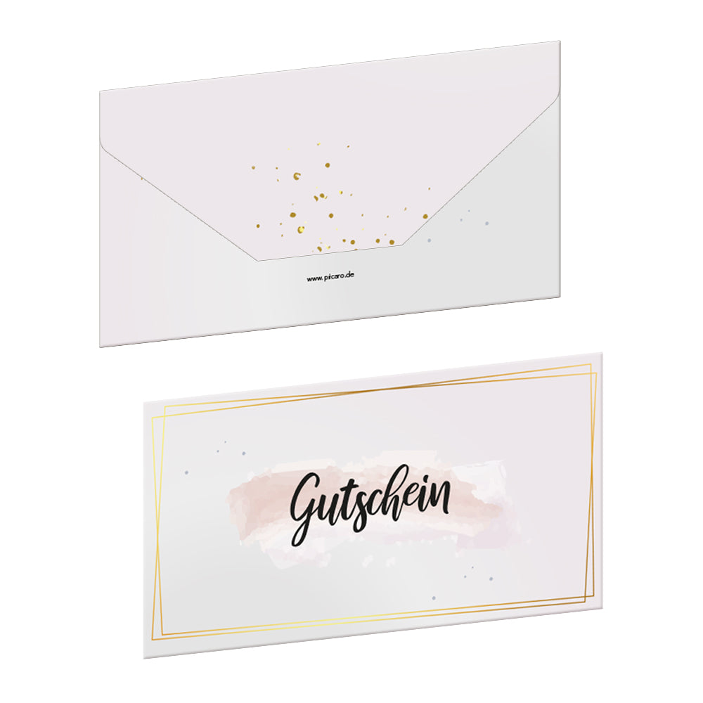 geschenkgutschein, golden dots, faltbar zum umschlag, rose-goldene optik, vorderseite mit schwarzer aufschrift "gutschein", rückseite rose mit goldenen punkten ohne weiteren aufdruck