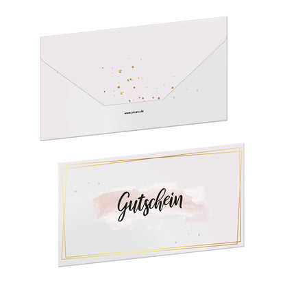 geschenkgutschein, golden dots, faltbar zum umschlag, rose-goldene optik, vorderseite mit schwarzer aufschrift "gutschein", rückseite rose mit goldenen punkten ohne weiteren aufdruck