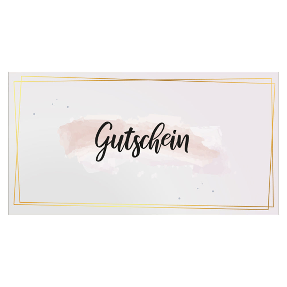 geschenkgutschein, golden dots, faltbar zum umschlag, rose-goldene optik, vorderseite mit schwarzer aufschrift "gutschein"