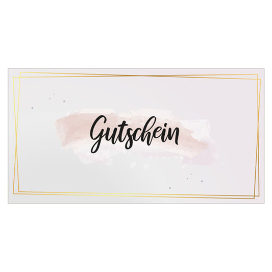 geschenkgutschein, golden dots, faltbar zum umschlag, rose-goldene optik, vorderseite mit schwarzer aufschrift "gutschein"