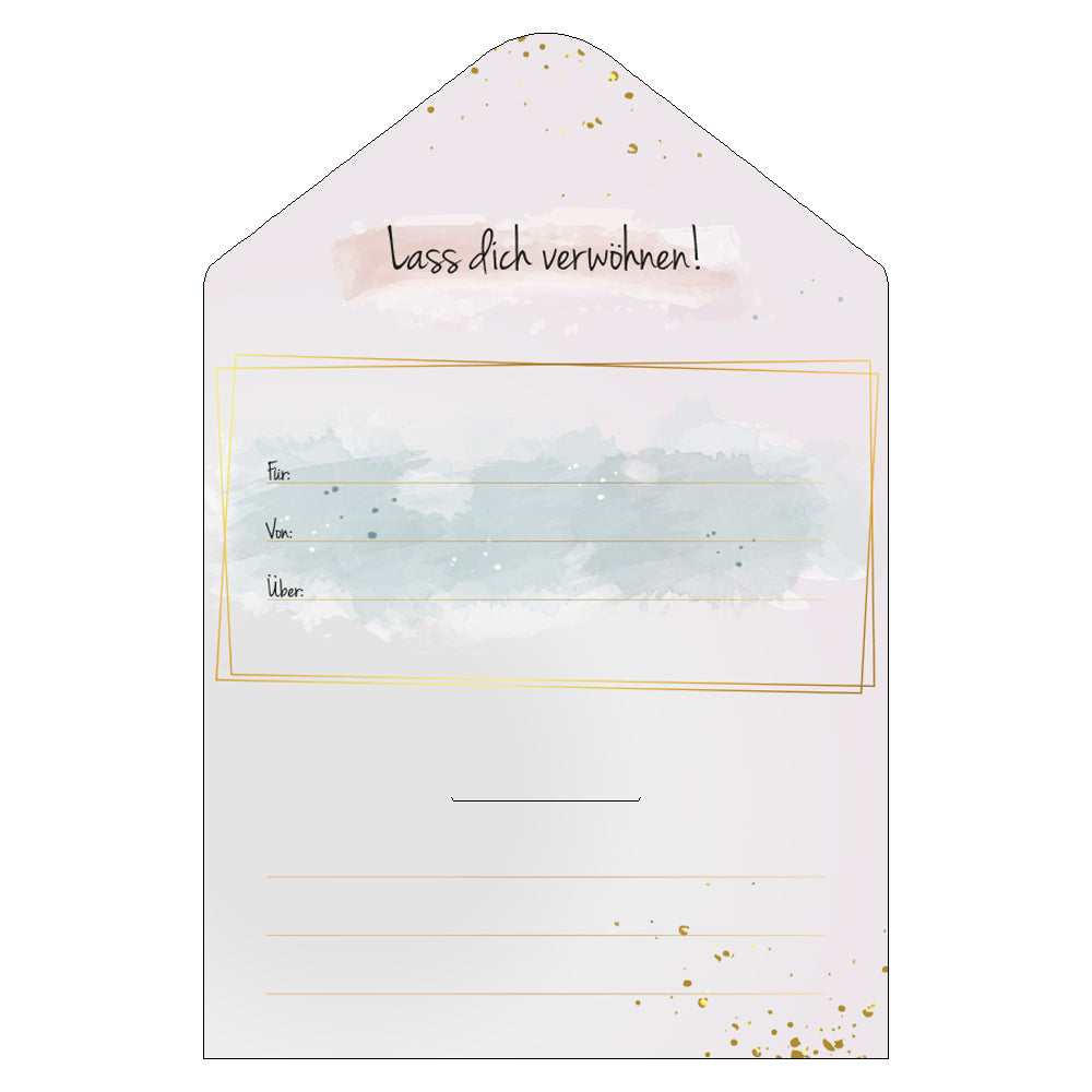 geschenkgutschein, golden dots, innenseite, rosé-gold, mit der aufschrift lass dich verwöhnen und den zeilen für, von und über