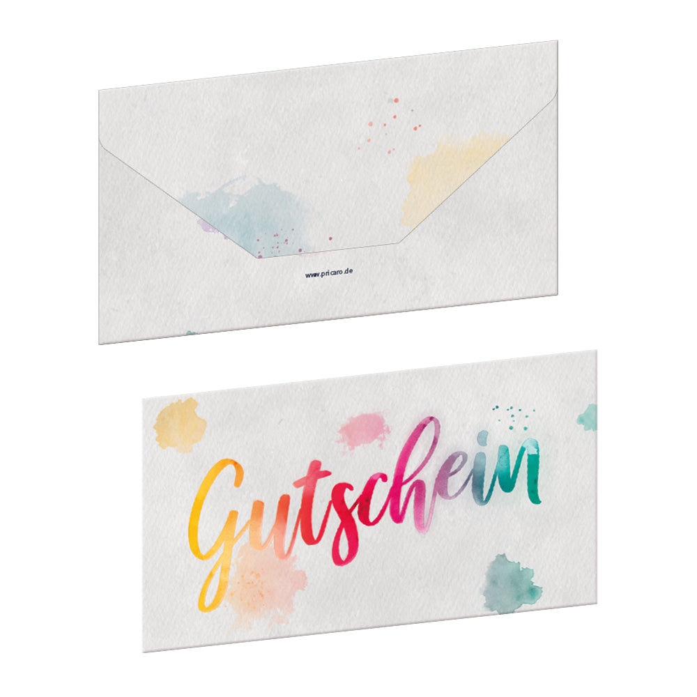 geschenkgutschein, aquarell, faltbar zum umschlag, grau bunte optik, vorderseite mit regenbogenfarbener aufschrift "gutschein", rückseite grau ohne aufdruck