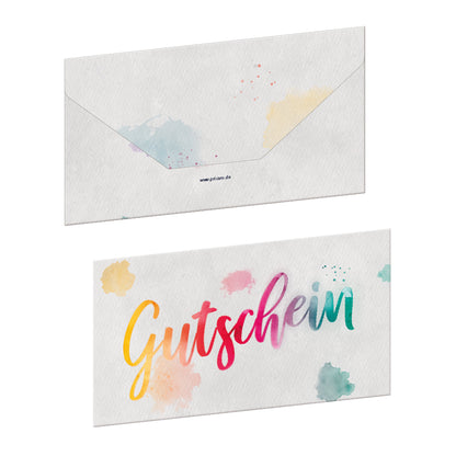 geschenkgutschein, aquarell, faltbar zum umschlag, grau bunte optik, vorderseite mit regenbogenfarbener aufschrift "gutschein", rückseite grau ohne aufdruck