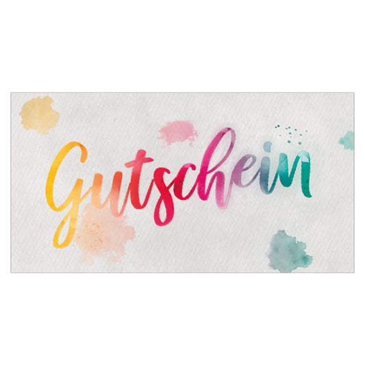 geschenkgutschein, aquarell, faltbar zum umschlag, grau bunte optik, vorderseite mit regenbogenfarbener aufschrift "gutschein"