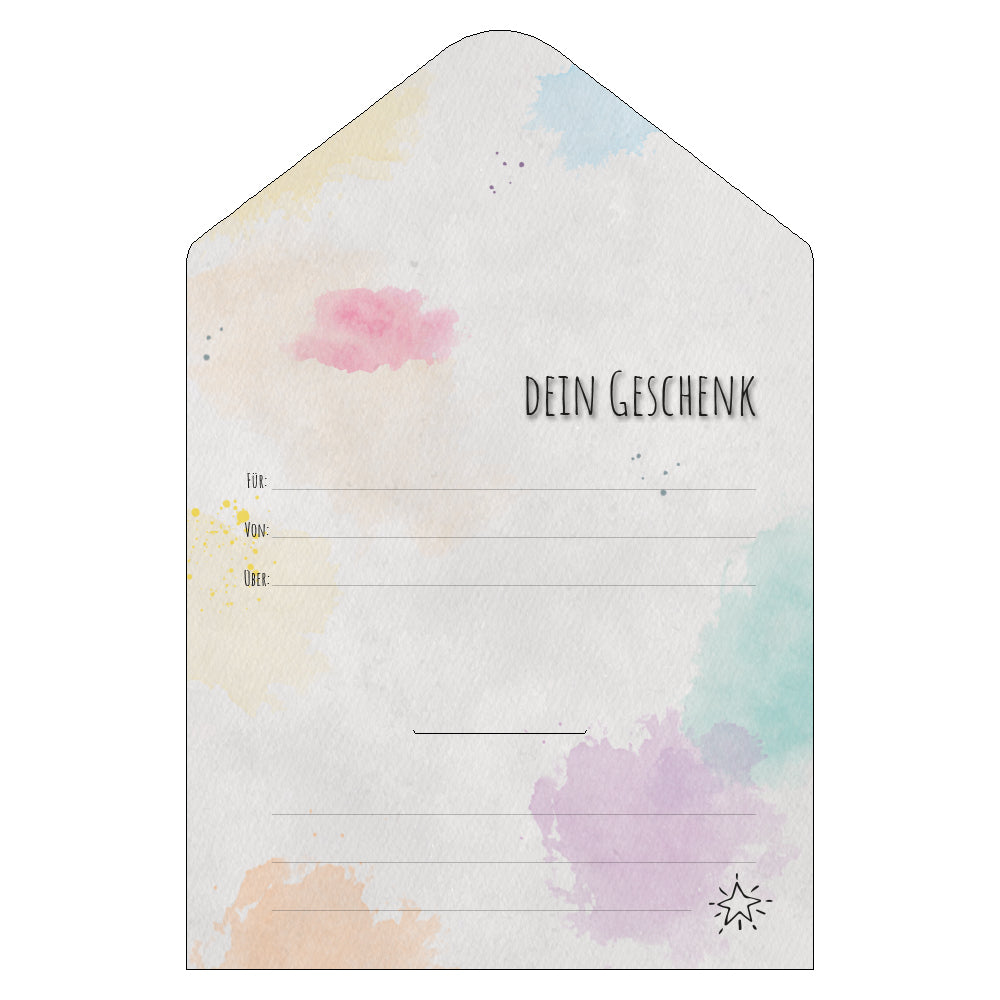 geschenkgutschein, aquarell, innenseite, grau-bunt, mit der aufschrift dein geschenk und den zeilen für, von und über