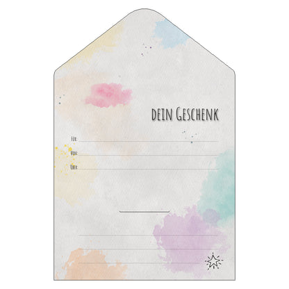 geschenkgutschein, aquarell, innenseite, grau-bunt, mit der aufschrift dein geschenk und den zeilen für, von und über