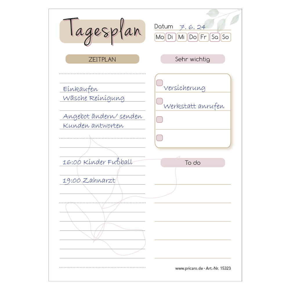 tagesplaner blätter, weiß-beige optik, ausfüllbeispiel