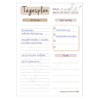 tagesplaner blätter, weiß-beige optik, ausfüllbeispiel