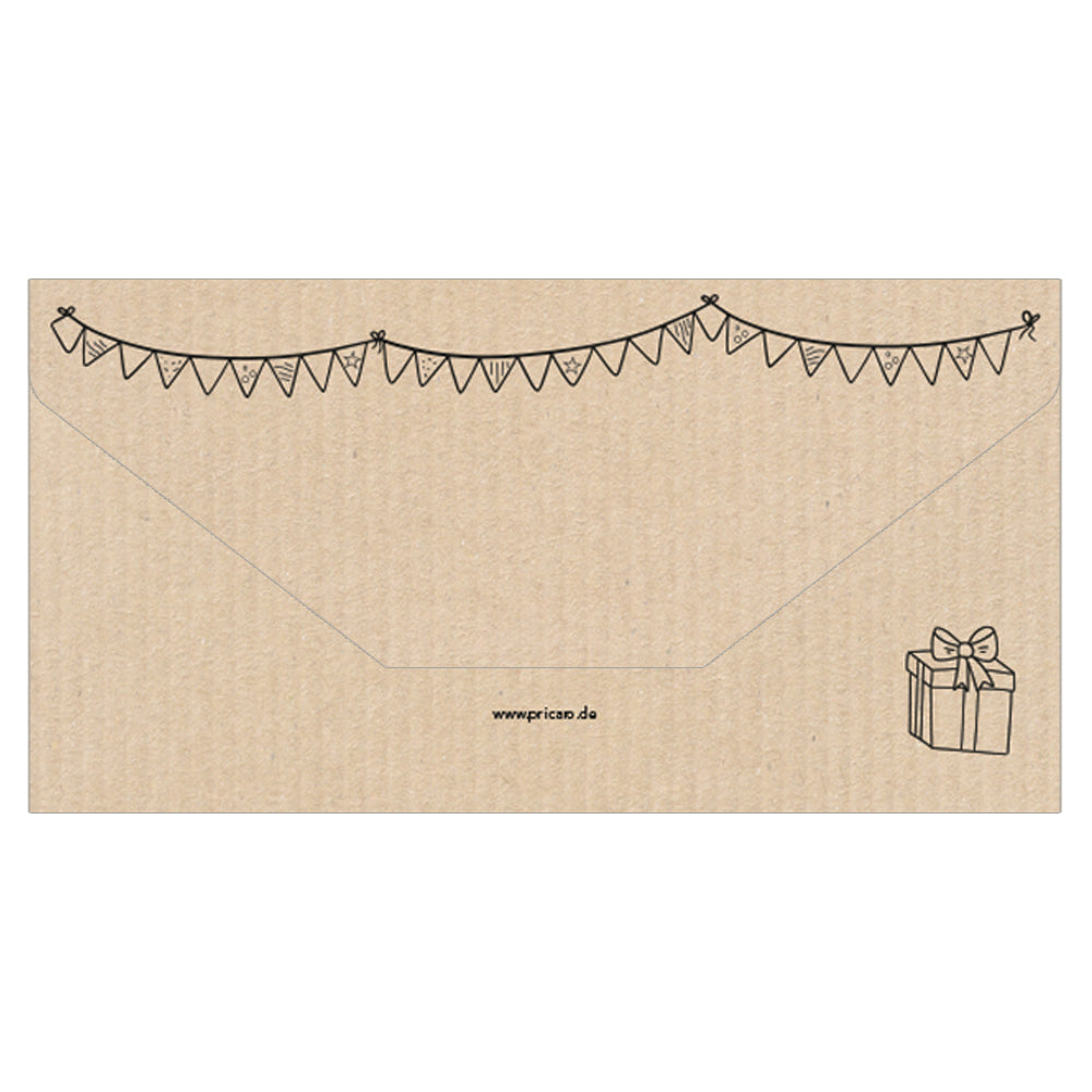 geschenkgutschein, doodles, rückseite mit schwarz aufgedruckten girladen und einem geschenk