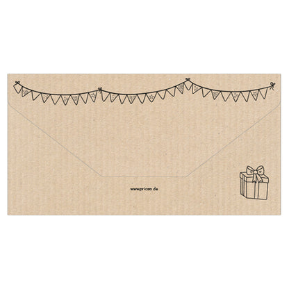 geschenkgutschein, doodles, rückseite mit schwarz aufgedruckten girladen und einem geschenk