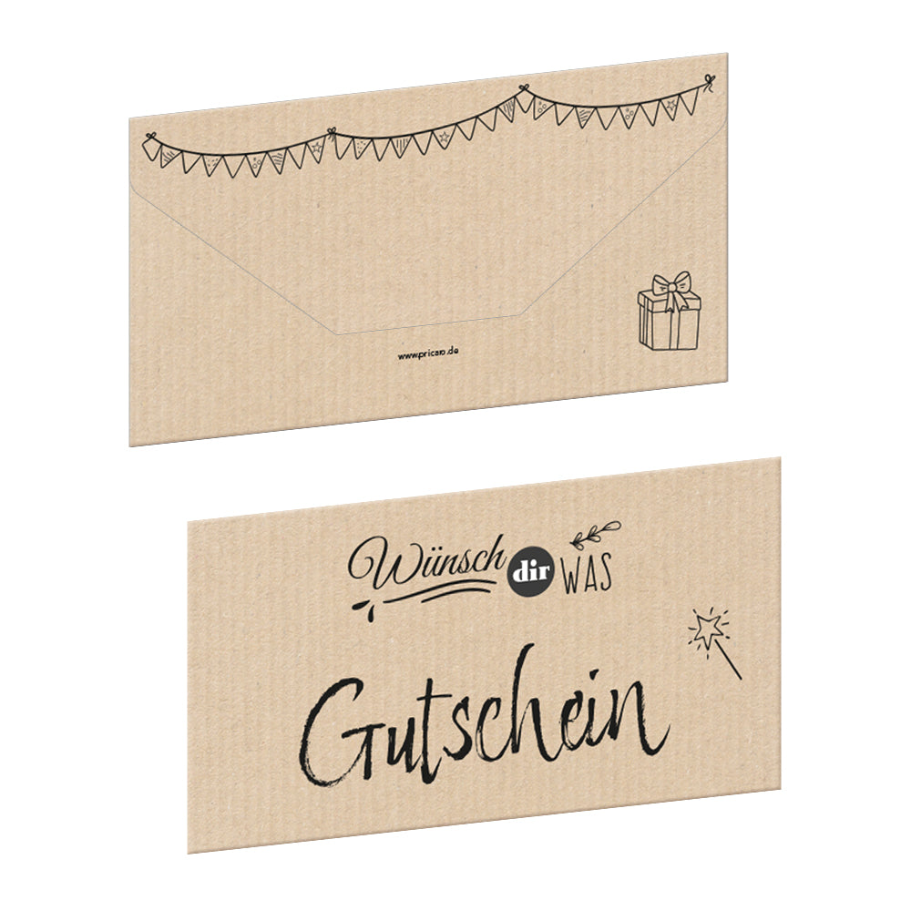 geschenkgutschein, doodles, faltbar zum umschlag, beige optik, vorderseite mit schwarzer aufschrift "wünsch dir was", rückseite mit schwarz aufgedruckten girladen und einem geschenk