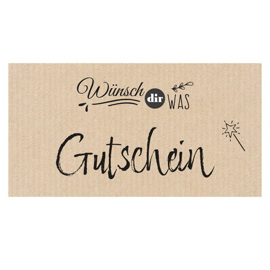 geschenkgutschein, doodles, faltbar zum umschlag, beige optik, vorderseite mit schwarzer aufschrift "wünsch dir was"