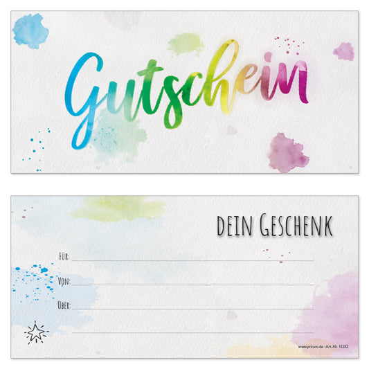gutscheinkarte "aquarell", vorderseite grau bunt im regenbogen aquarell stil, mit aufdruck "gutschein", rückseite grau bunt und den zeilen "für, von und über"