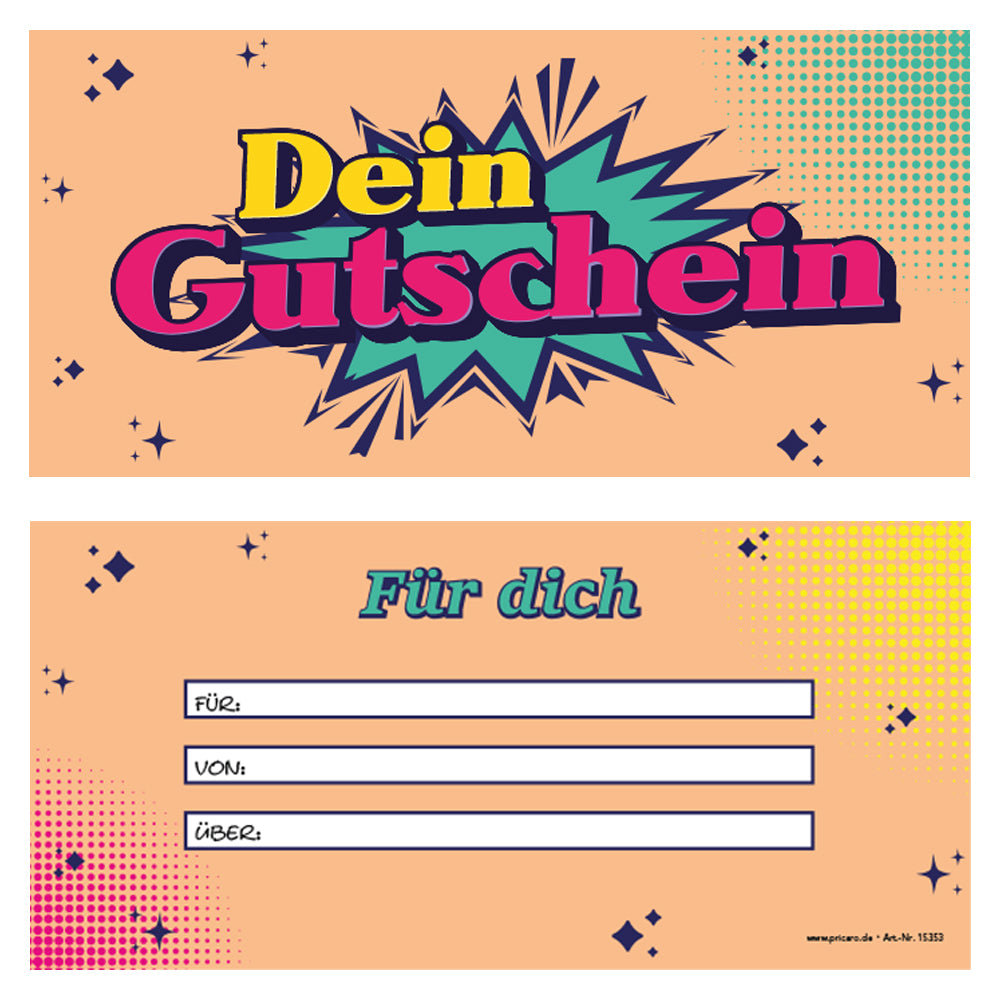 gutscheinkarte "pop", vorderseite orange bunt im popart stil, mit aufdruck "dein gutschein", rückseite orange bunt mit den zeilen "für, von und über"