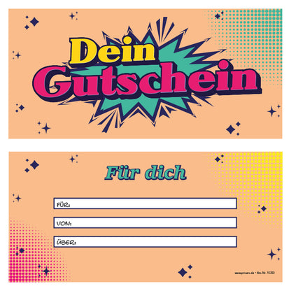 gutscheinkarte "pop", vorderseite orange bunt im popart stil, mit aufdruck "dein gutschein", rückseite orange bunt mit den zeilen "für, von und über"