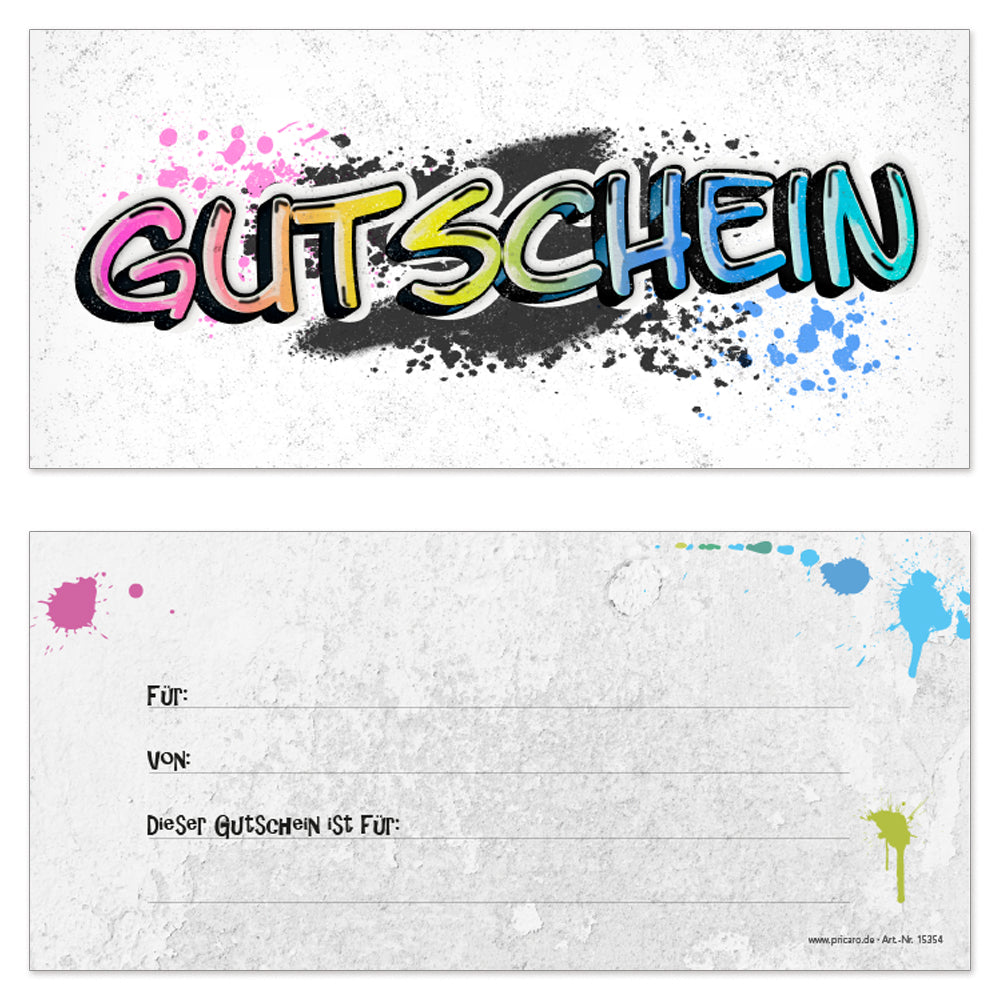 gutscheinkarte "graffiti", vorderseite grau bunt im graffiti stil, mit aufdruck "gutschein", rückseite grau mit farbkleksen und den zeilen "für, von und dieser gutschein ist für"