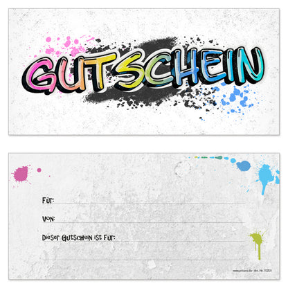 gutscheinkarte "graffiti", vorderseite grau bunt im graffiti stil, mit aufdruck "gutschein", rückseite grau mit farbkleksen und den zeilen "für, von und dieser gutschein ist für"