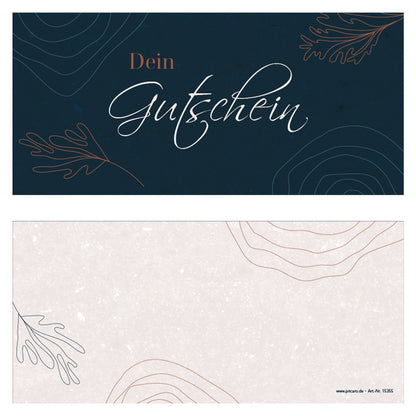 gutscheinkarte "blau", vorderseite blau, mit aufdruck "dein gutschein", rückseite rosé