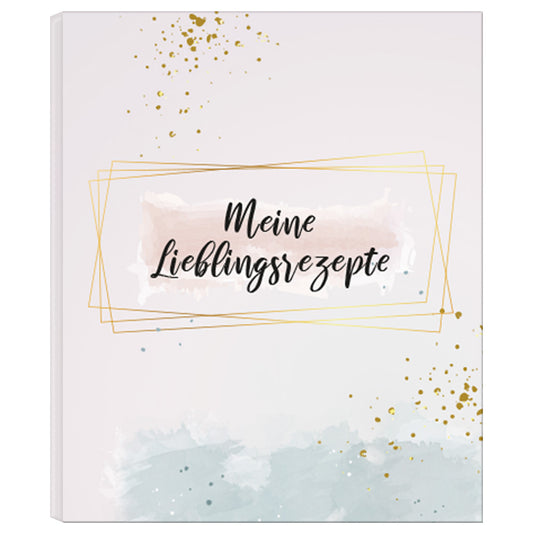 rezeptordner golden dots, a4, frontansicht, rose-goldene optik mit aufschrift "meine lieblingsrezepte"