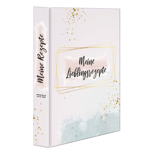 rezeptordner golden dots, a4, seitliche frontansicht, rose-goldene optik mit aufschrift "meine lieblingsrezepte" auf vorderseite und ordnerrücken