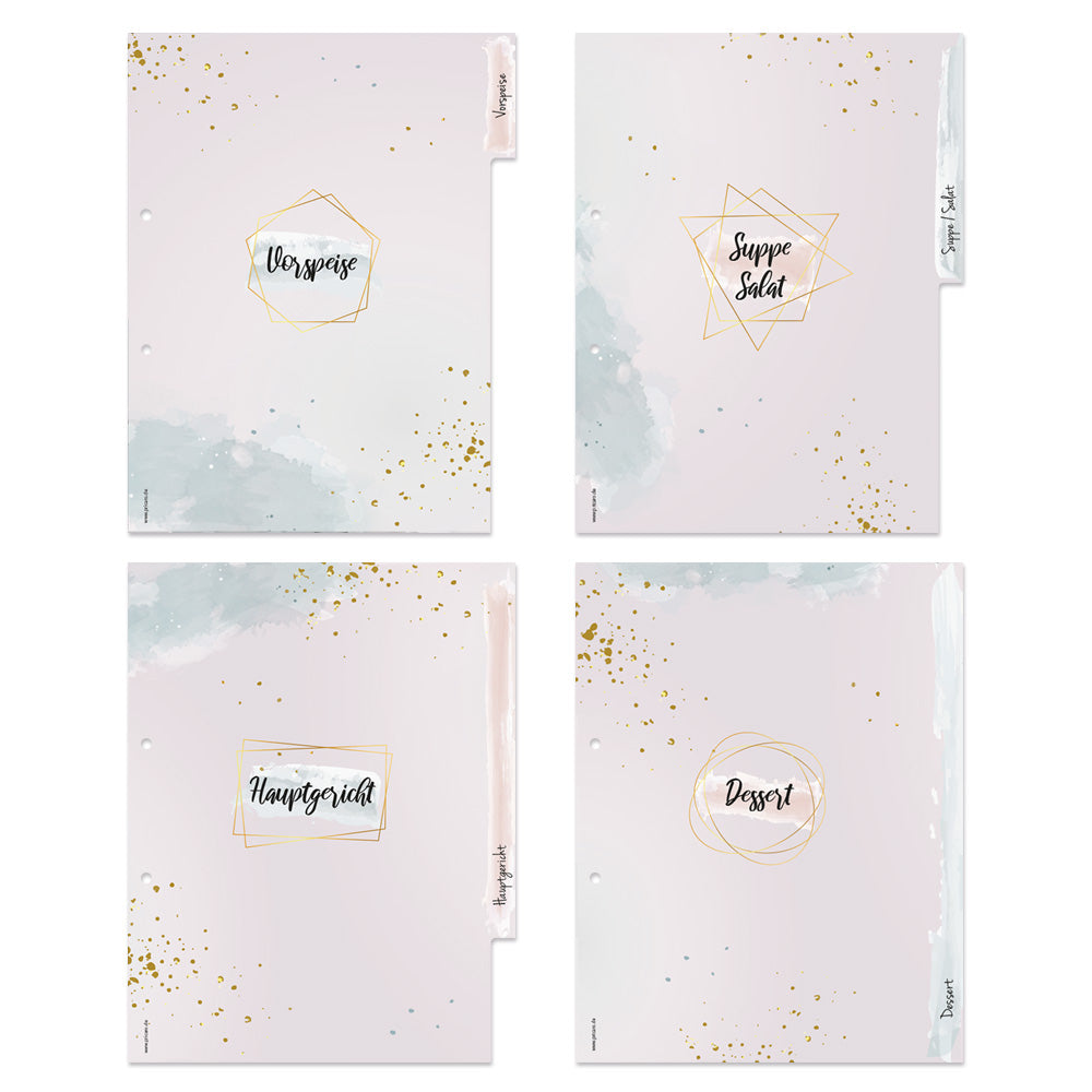rezeptregister golden dots, rose-goldene optik, insgesamt 4 stück, 1x vorspreise, 1x suppen/salate, 1x hauptgericht, 1x dessert