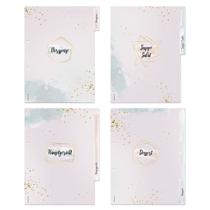 rezeptregister golden dots, rose-goldene optik, insgesamt 4 stück, 1x vorspreise, 1x suppen/salate, 1x hauptgericht, 1x dessert