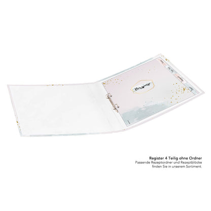 rezeptordner golden dots geöffnet mit abgehefteten rezeptregistern in passendem design