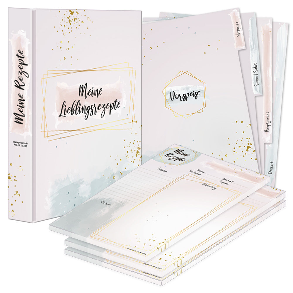 rezeptordner komplett-set golden dots, a4 rezeptordner golden dots rose-goldene optik mit der aufschrift meine lieblingsrezepte, drei passende rezeptblöcke golden dots und passende register