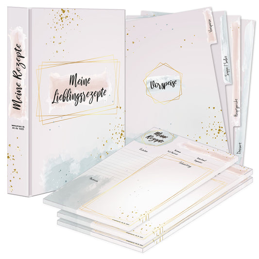 rezeptordner komplett-set golden dots, a4 rezeptordner golden dots rose-goldene optik mit der aufschrift meine lieblingsrezepte, drei passende rezeptblöcke golden dots und passende register