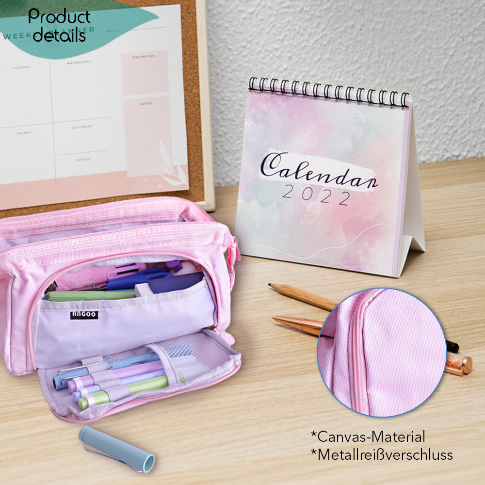 mäppchen, schlampermäppchen mit inhalt (inhalt nicht im lieferumfang enthalten) auf schreibtisch, detailansicht material und reißverschluss